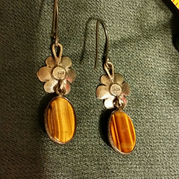 .925 Silver Flower Oval Tigers Eye Hook Earrings - Picture 5 of 6